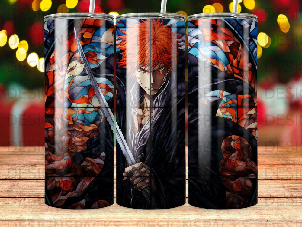 Anime character Ichigo Kurosaki with sword in front of stained glass.