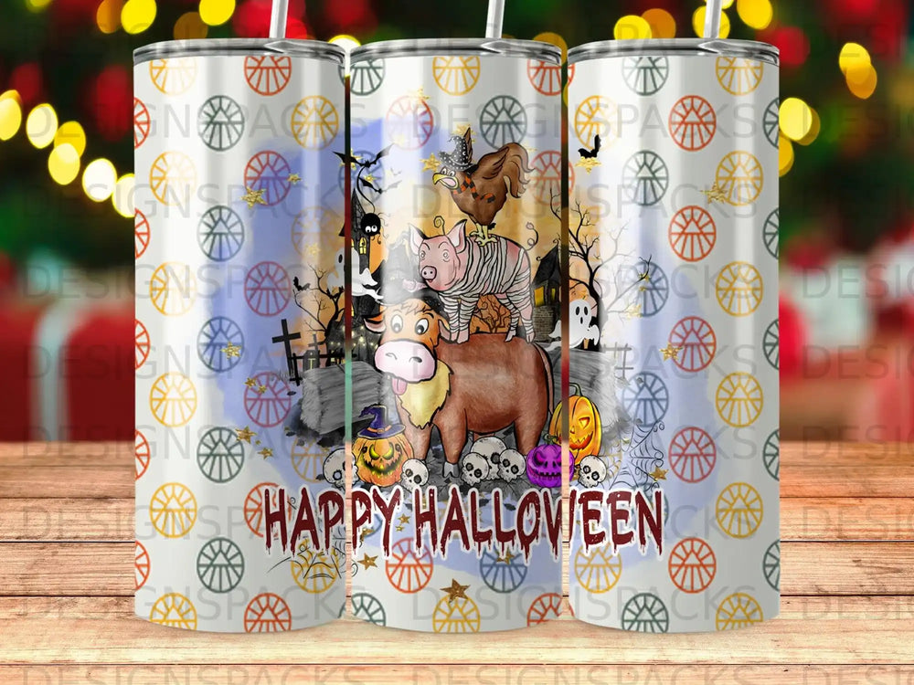 Halloween tumbler with farm animals, pumpkins, and skulls.
