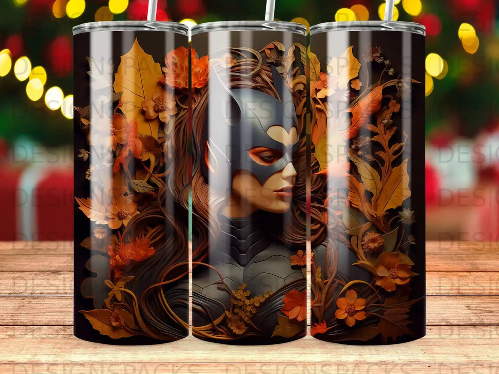 Woman in dark armor and mask, surrounded by autumnal floral accents.
