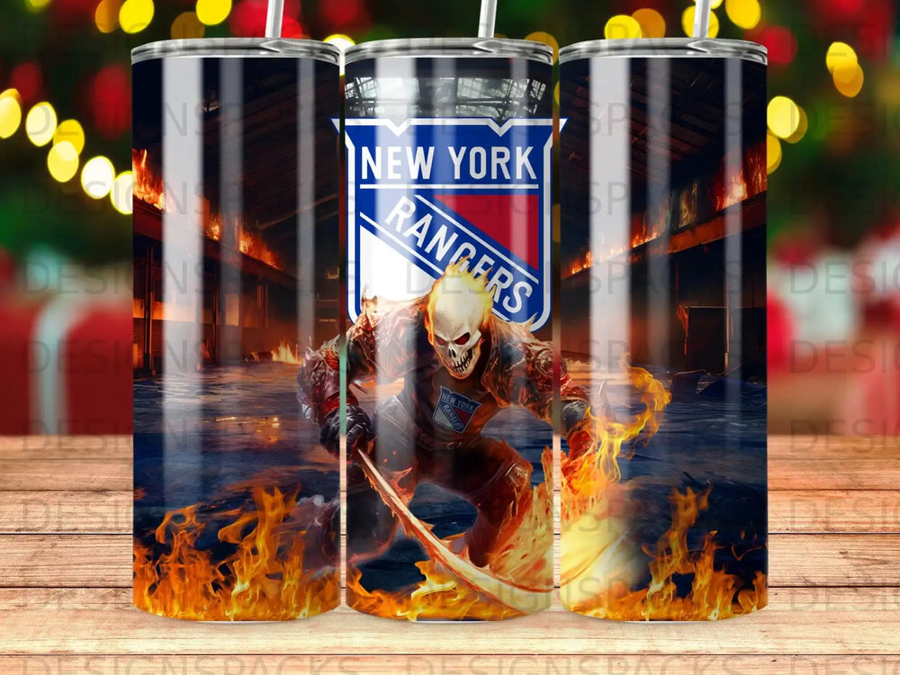 New York Rangers skull with flames and scythe, logo on tumbler.