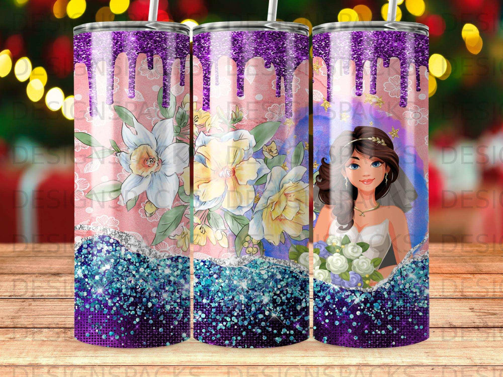 Bride holding bouquet with sparkly purple glitter border on tumbler.
