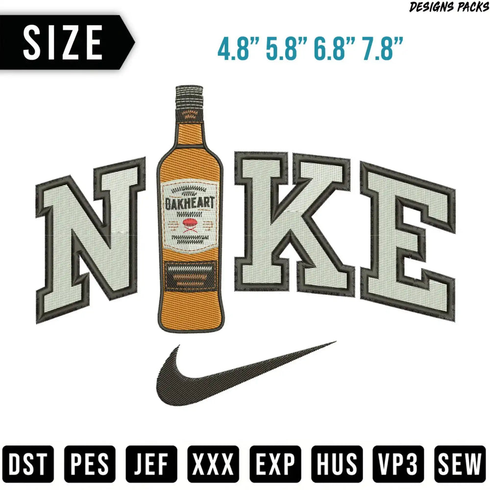 Nike logo embroidered with a whiskey bottle and size options.