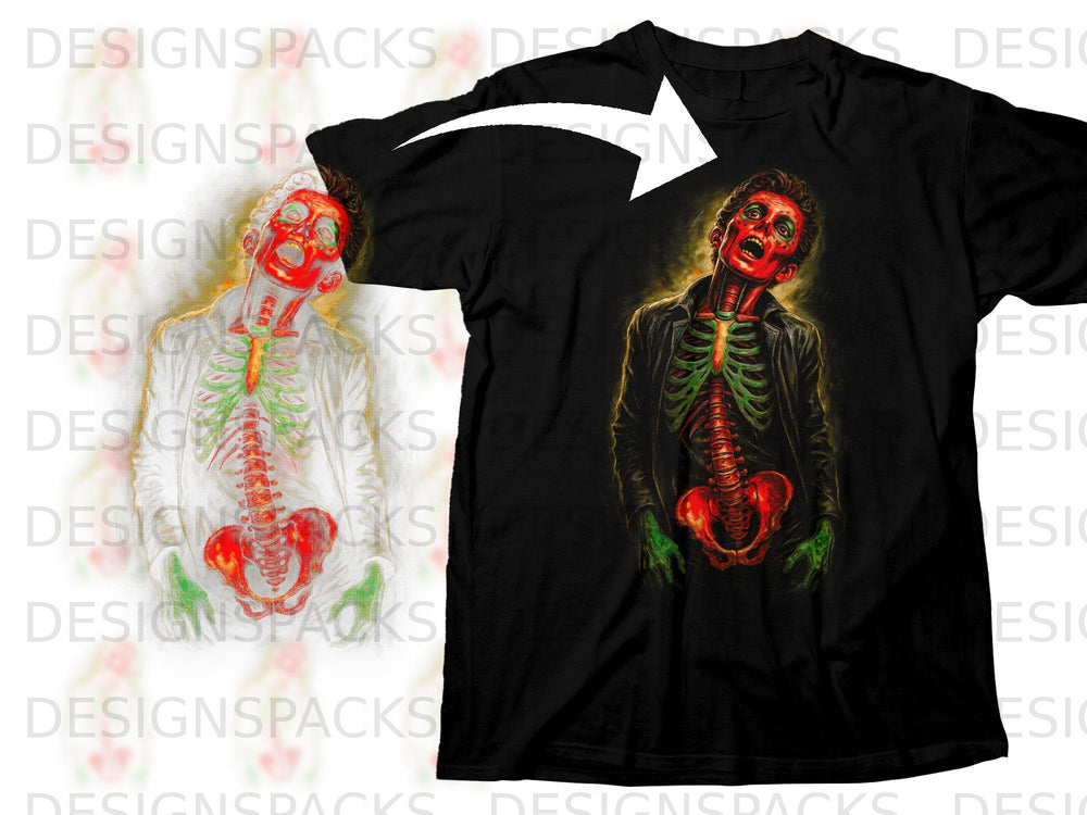 Black t-shirt featuring a zombie with exposed rib cage and skeletal features.