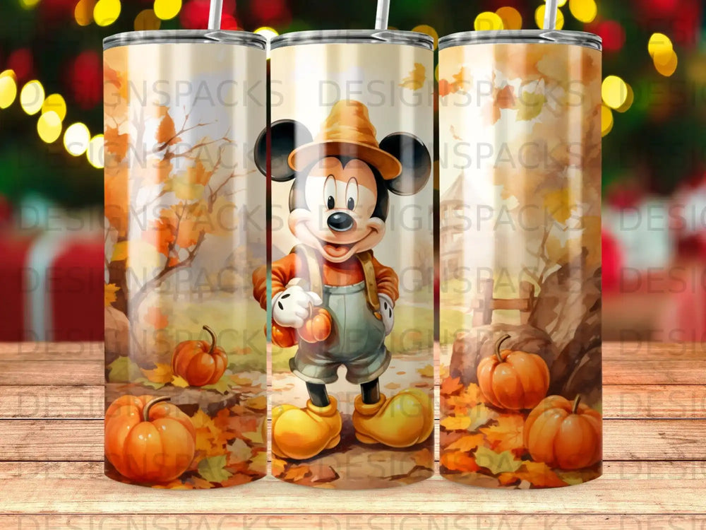 Mickey Mouse in overalls with pumpkins and autumn leaves.