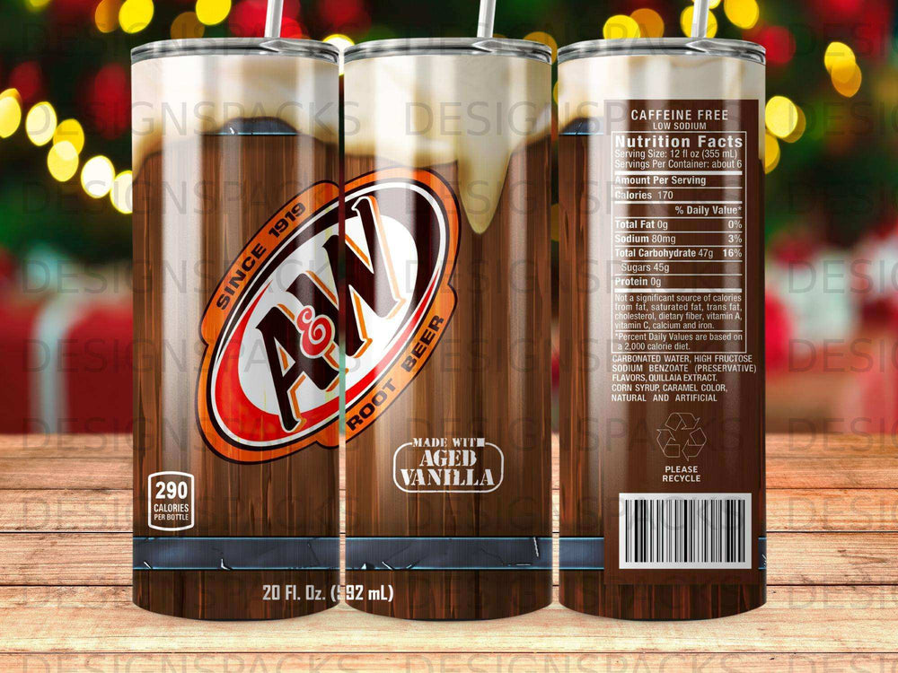 A&W Root Beer can with "Made with Aged Vanilla" and nutrition facts.