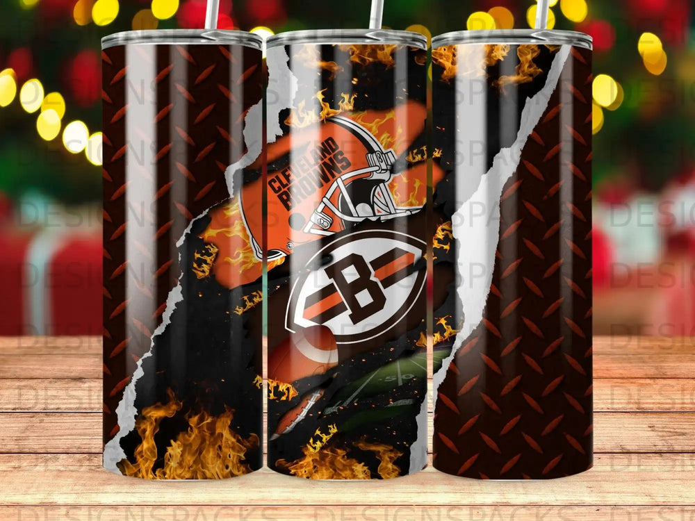 Cleveland Browns football helmet with fiery torn metal background.