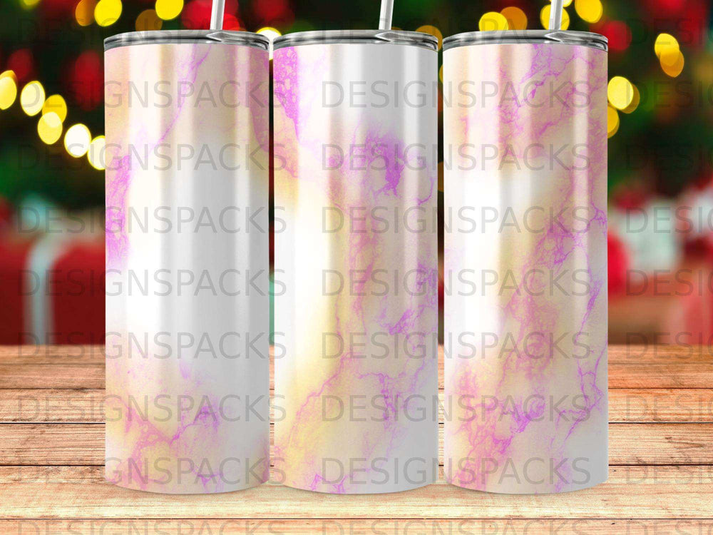 Three tumblers with a marbled pink, yellow, and white design.