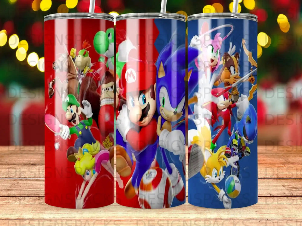 Sonic the Hedgehog and Mario characters on colorful tumblers.