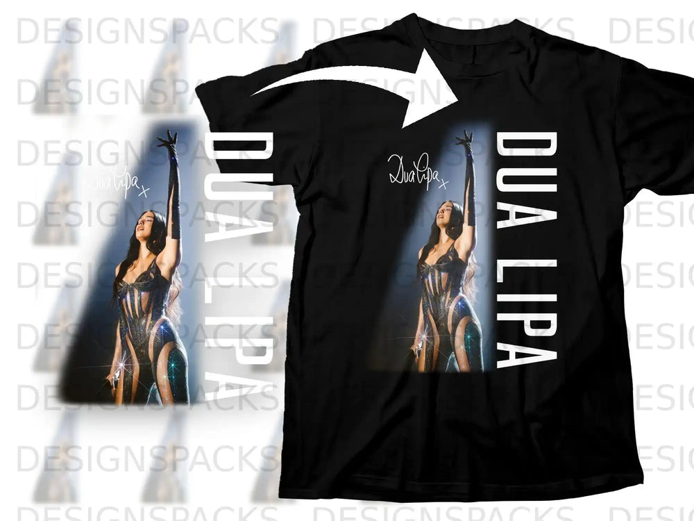 Black t-shirt with Dua Lipa graphic and signature.