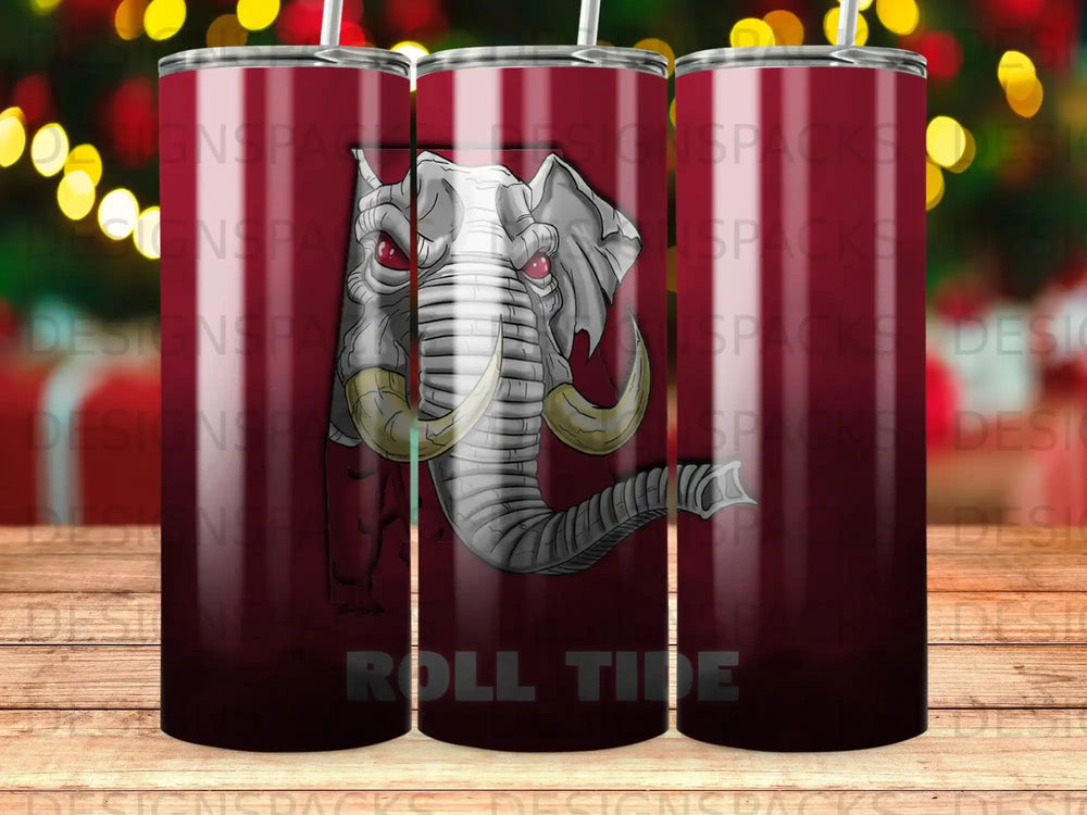 Elephant with tusks and "Roll Tide" text on a red gradient tumbler.
