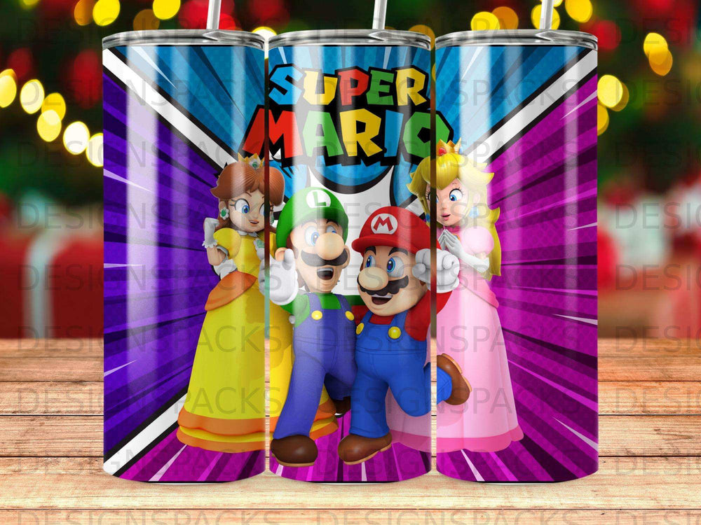 Mario, Luigi, Peach, and Daisy characters from Super Mario on a vibrant background.