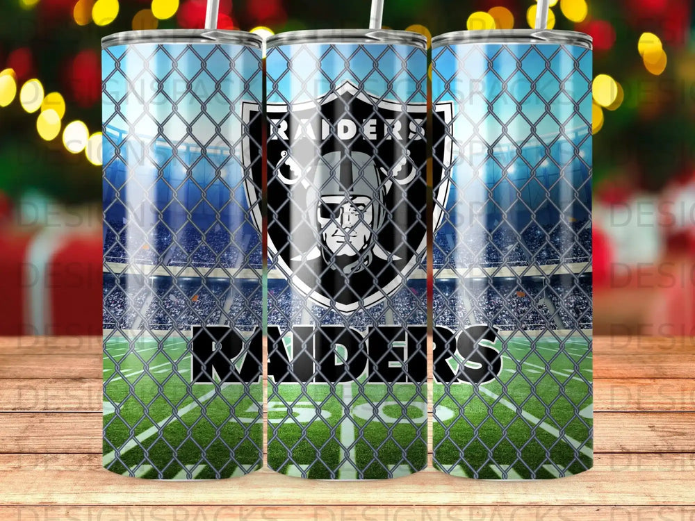 Las Vegas Raiders logo on stadium background with fence overlay.