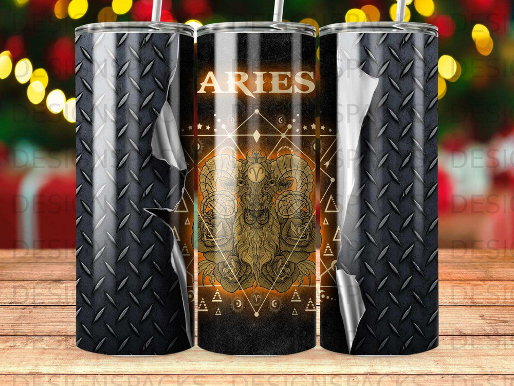 Tumbler with Aries zodiac symbol and starry background.