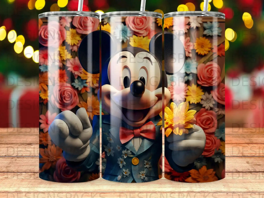 Mickey Mouse wearing a bow tie and suit, holding a flower, on a floral tumbler.