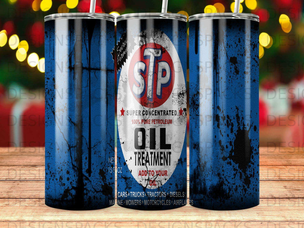 STP Oil Treatment can with blue splatter and text.