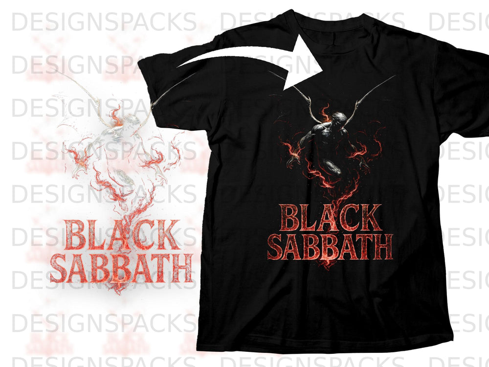 Black Sabbath t-shirt with a winged figure and fire graphic.