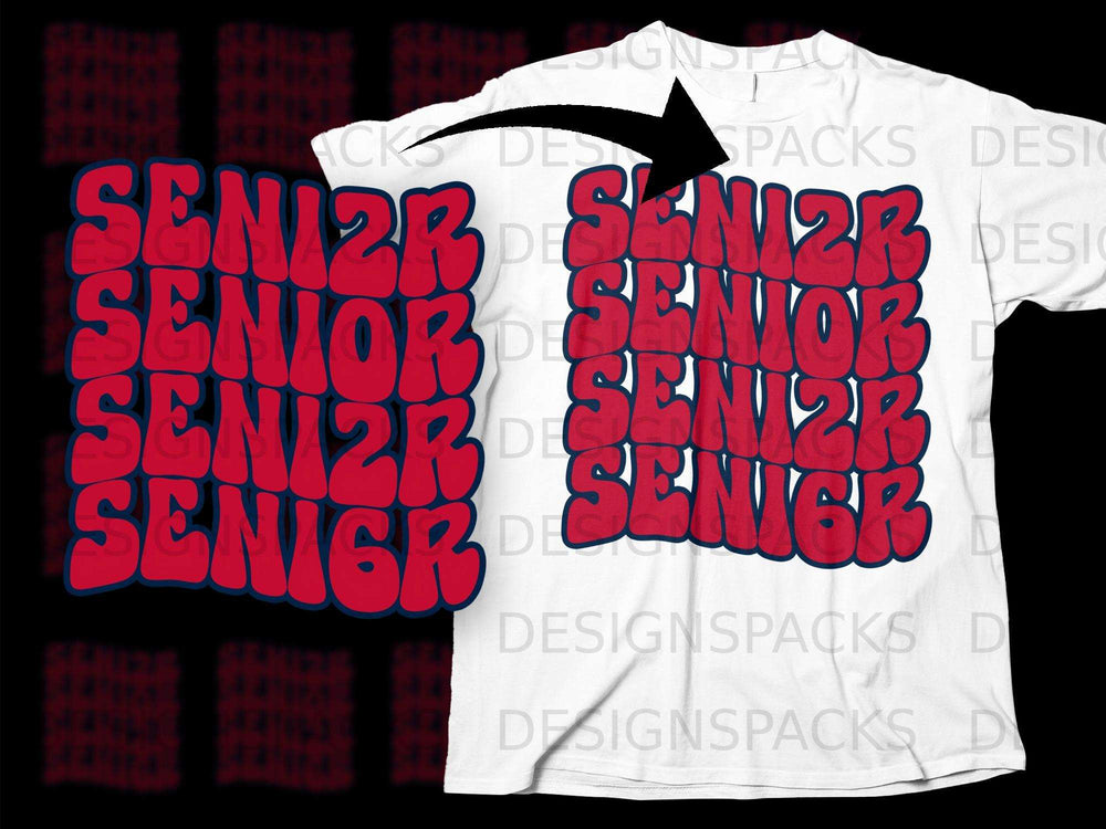 Red and blue text "SENIOR" repeated four times on a white t-shirt.