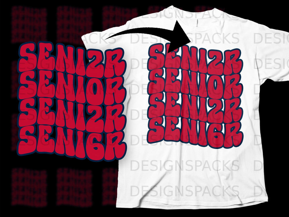 Red and blue text "SENIOR" repeated four times on a white t-shirt.