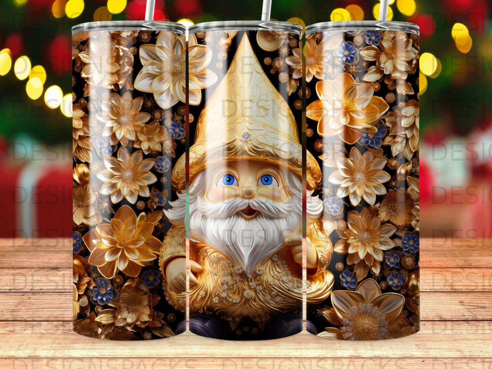 Gold gnome with blue eyes, surrounded by gold and blue floral patterns.