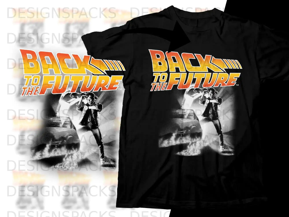 Back to the Future graphic tee with DeLorean car and flame details.