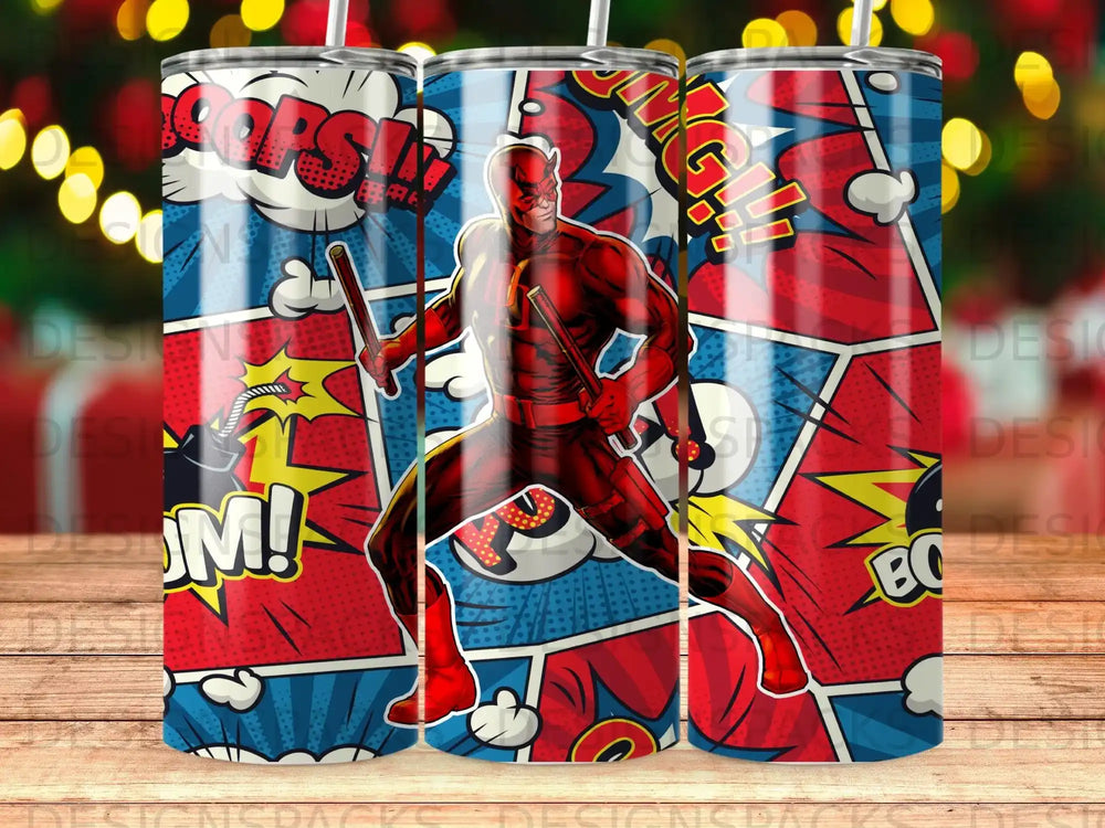Daredevil in red costume on comic book panel background with "Oops!" and "Boom!" text.