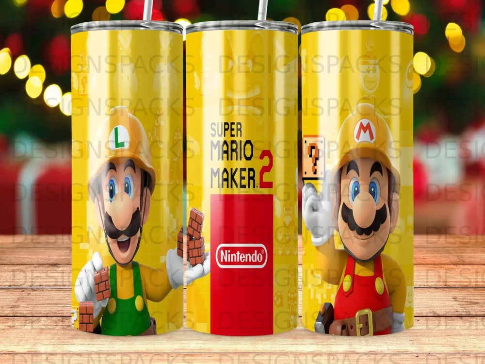Super Mario Maker 2 tumbler with Mario, Luigi, and Peach illustrations.