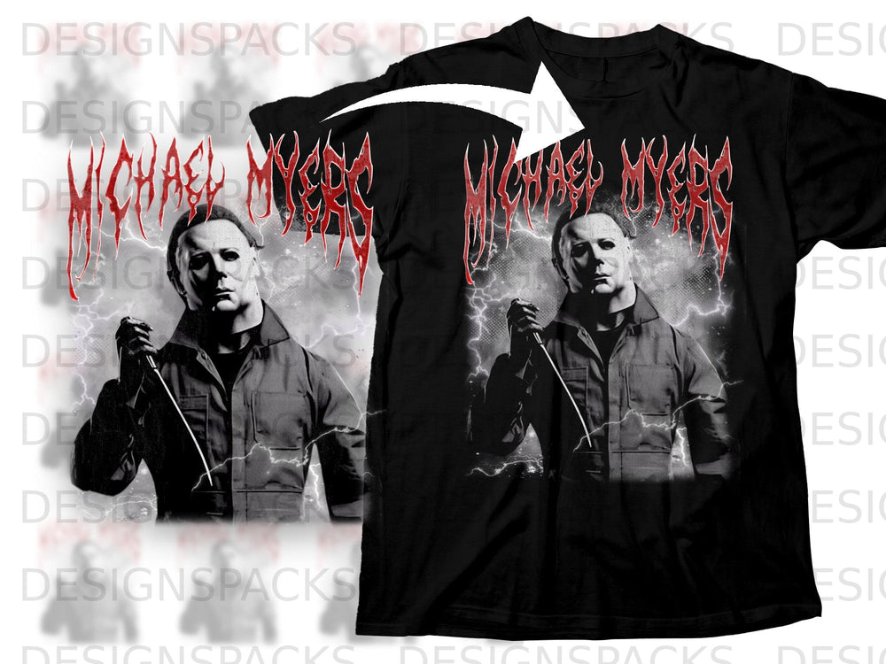 Black t-shirt featuring Michael Myers with bloody text and lightning background.