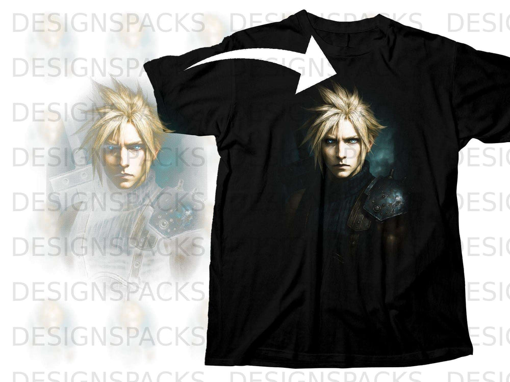 Black t-shirt featuring Final Fantasy's Cloud Strife in a dramatic portrait.