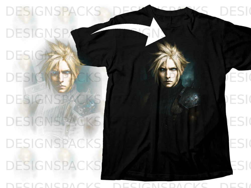 Black t-shirt featuring Final Fantasy's Cloud Strife in a dramatic portrait.