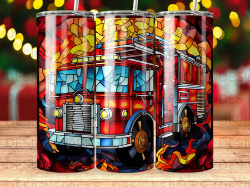 Red fire truck with stained glass-style design, flames in background.
