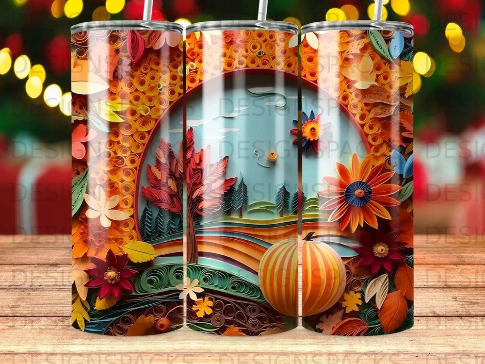 Autumn pumpkin and leaf design on a tumbler.