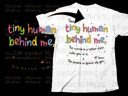 White t-shirt with colorful text: 