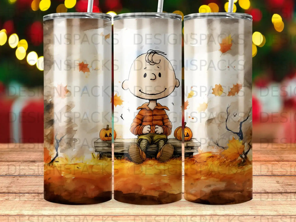 Snoopy wearing a sweater sitting on a bench with autumn leaves.
