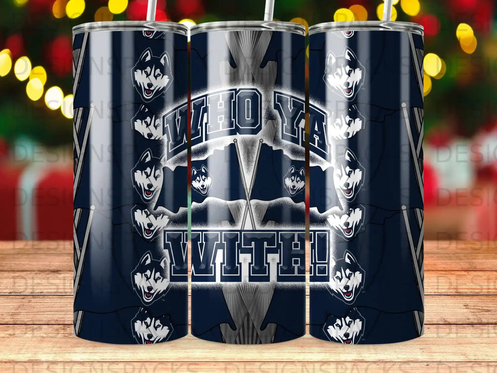 "WHO YA WITH!" text in a distressed pattern with husky dog heads on a tumbler.