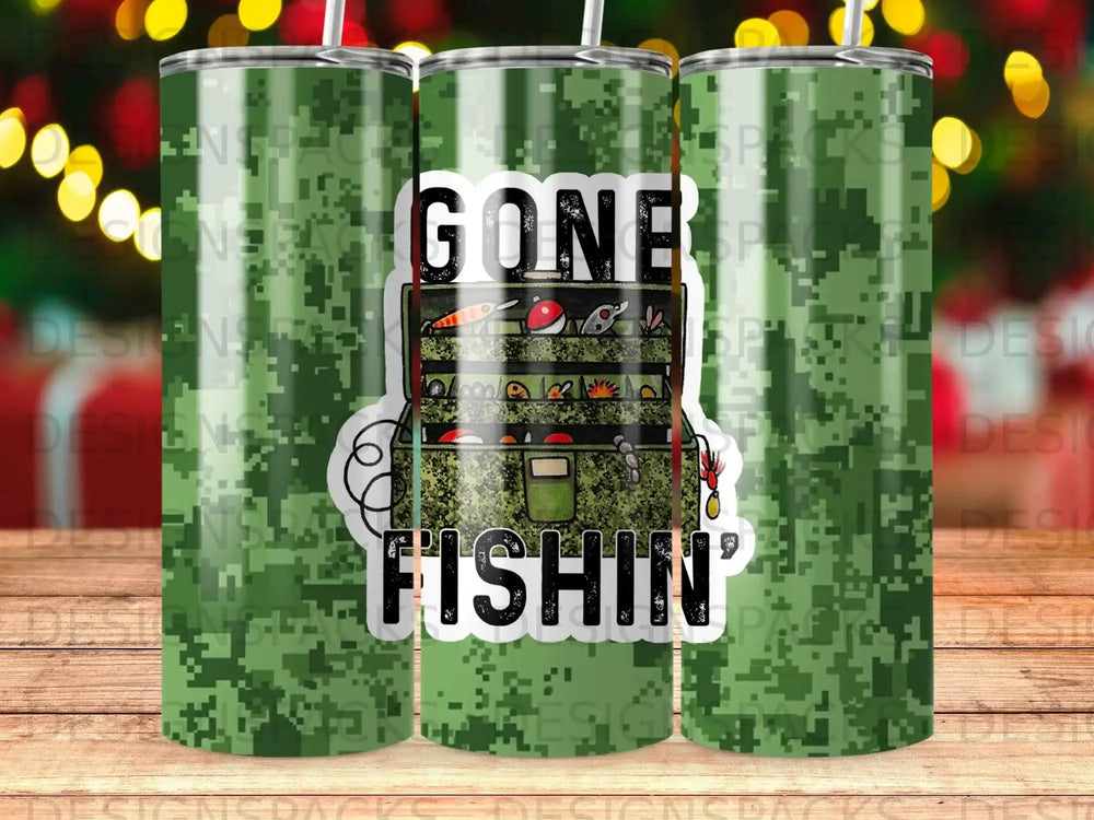 Green fishing tackle box with "GONE FISHIN'" text on a camouflage background.