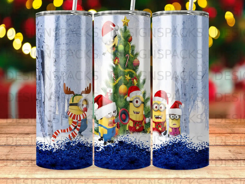 Minions in Santa hats celebrate around a Christmas tree with glitter.