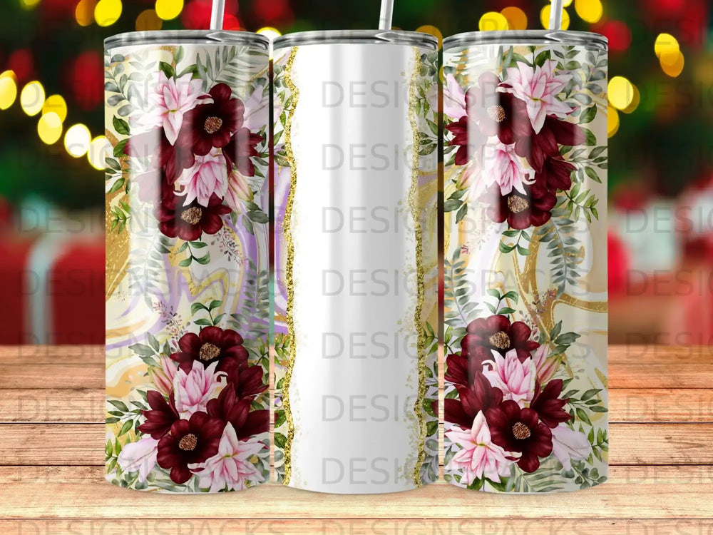Tumbler with floral design and "DESIGNS" watermark pattern.