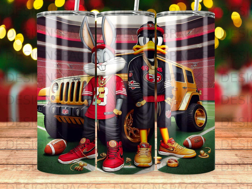 Bugs Bunny and Daffy Duck in football gear in front of a Jeep.