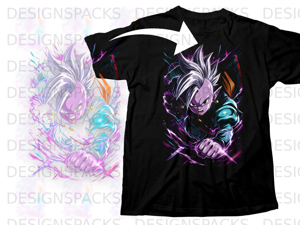 Black t-shirt featuring a purple anime character with spiky white hair.