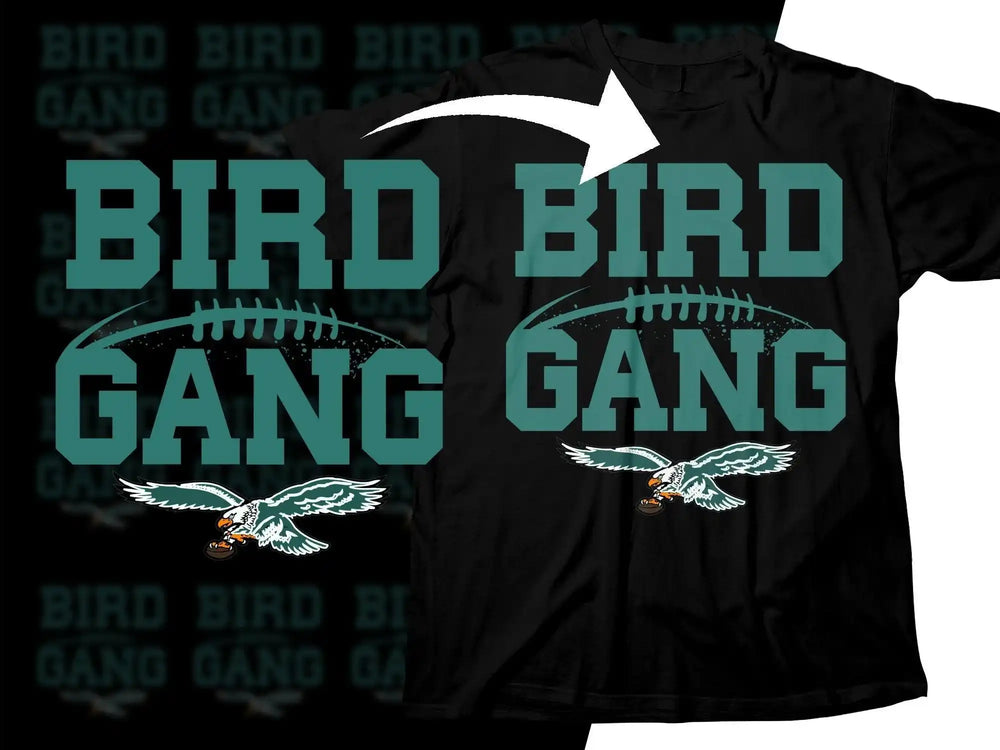 Bird Gang football design on black t-shirt, featuring eagle mascot and bold teal text for DTF/DTG printing