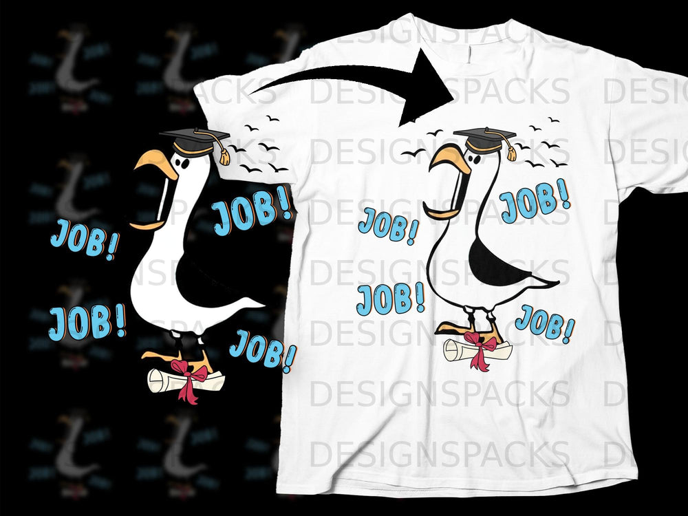 Cartoon seagull in graduation cap holding diploma, saying "JOB!".