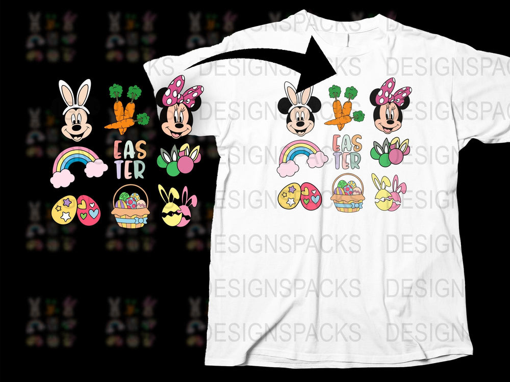 Easter T-Shirt with Bunny and Carrot Designs, Cute Rainbow and Eggs Pattern, Kids and Adults Spring Tee