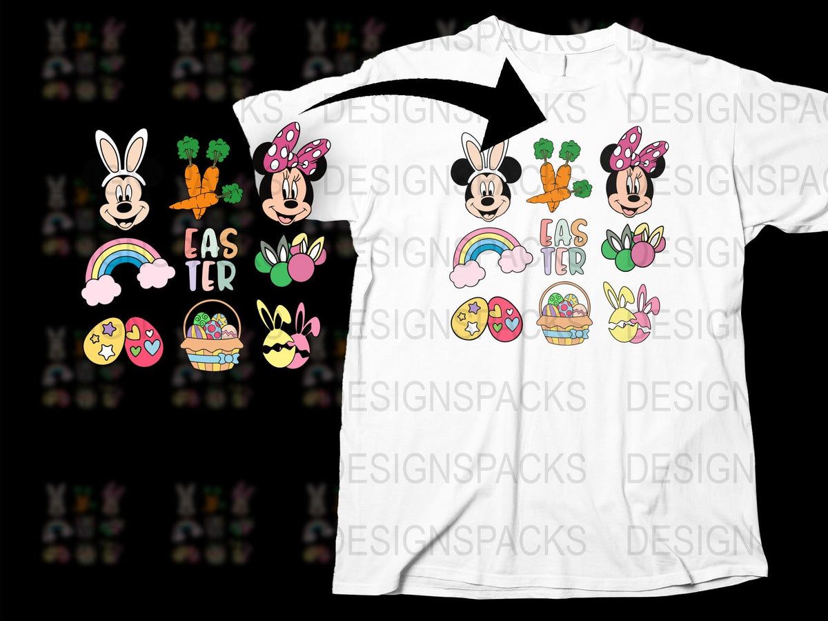 Easter T-Shirt with Bunny and Carrot Designs, Cute Rainbow and Eggs Pattern, Kids and Adults Spring Tee