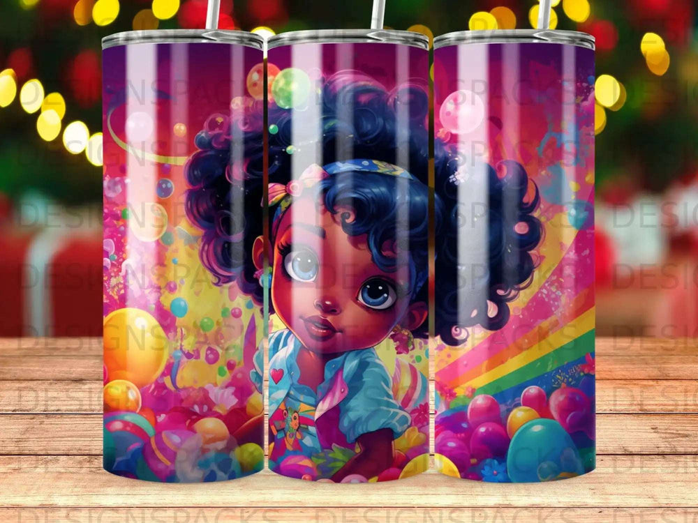 Cartoon girl with colorful hair surrounded by candy and toys.