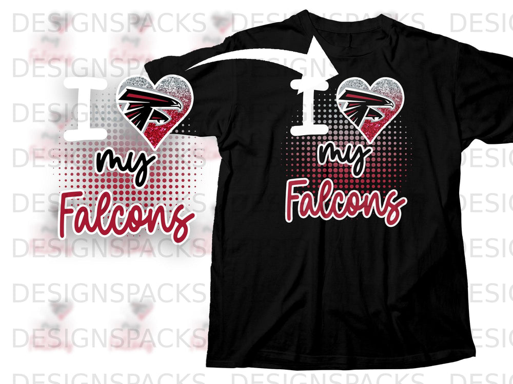 Black t-shirt with "I love my Falcons" graphic featuring a heart with a falcon logo.