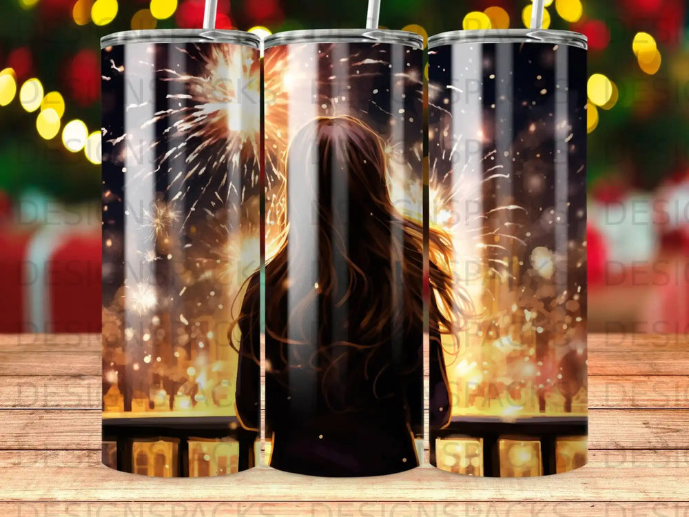 Woman watches fireworks on New Year's Eve with confetti.
