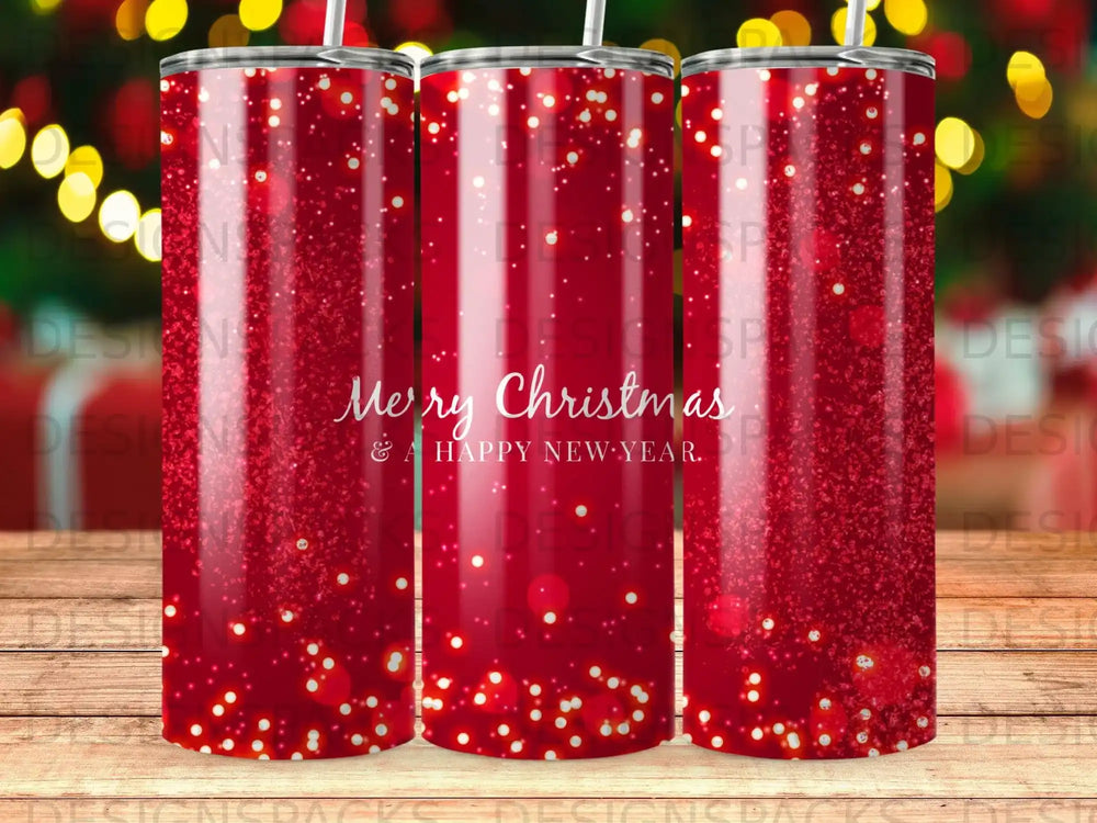 Red glitter tumbler with "Merry Christmas & A Happy New Year" text.