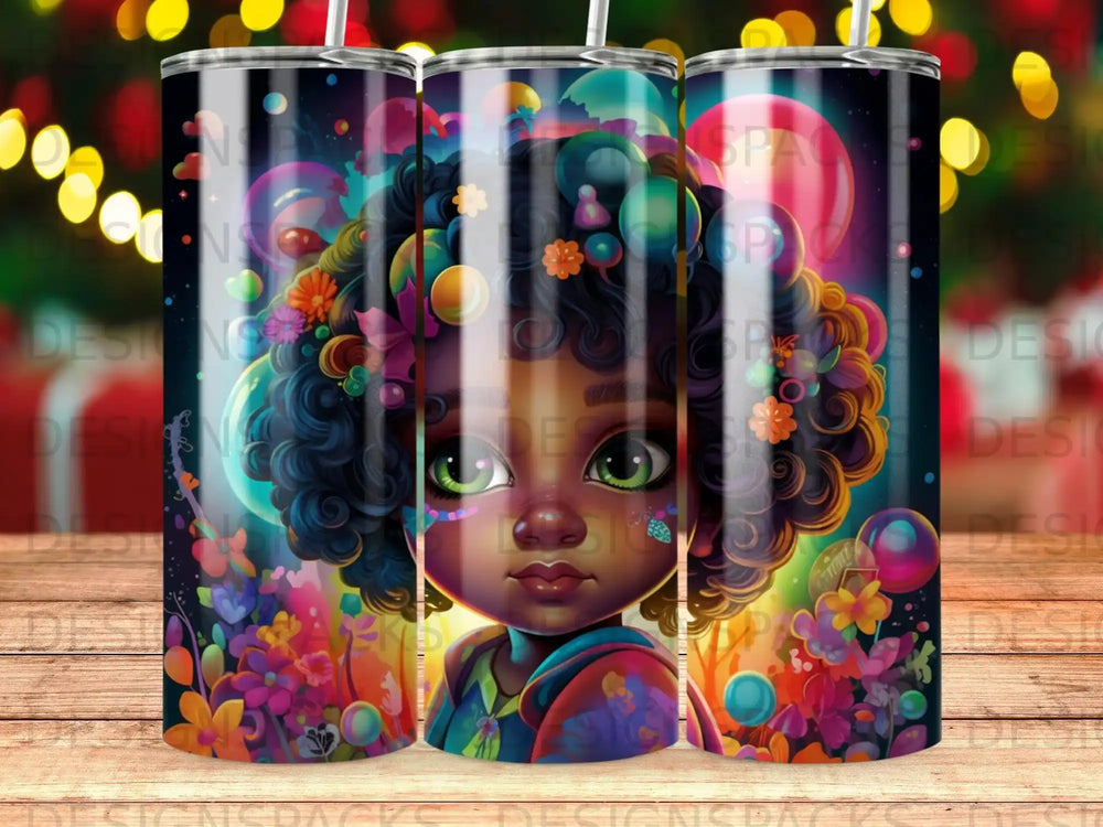 Illustration of a young girl with colorful curly hair surrounded by abstract shapes and lights.