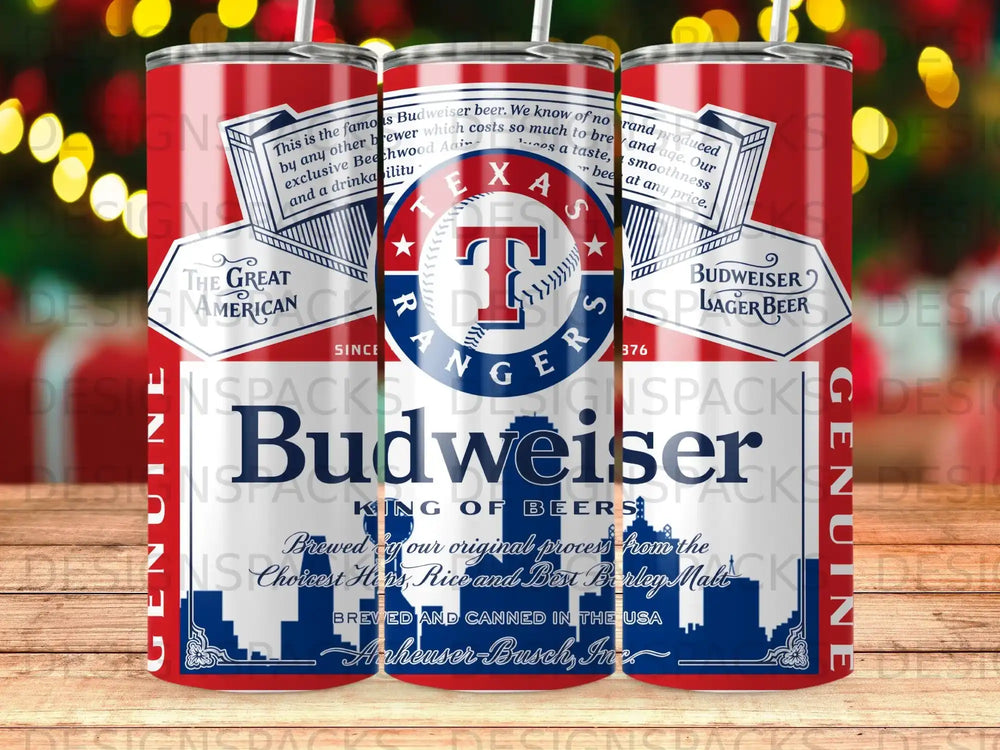 Budweiser beer tumbler featuring Texas Rangers logo and beer details.