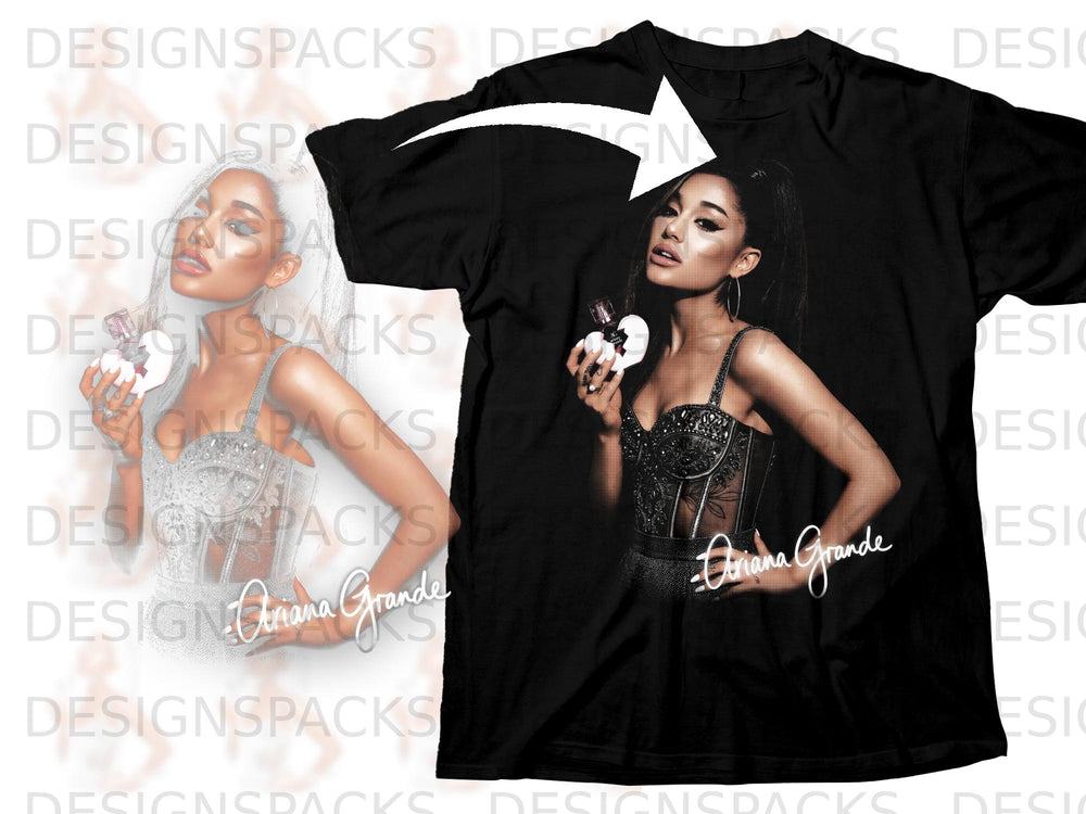 Black t-shirt with Ariana Grande graphic and signature, holding perfume bottle.